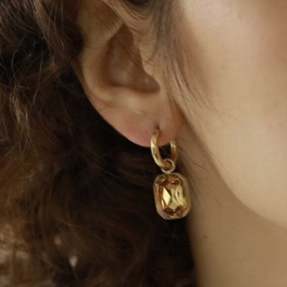 Rectangular Cubic Zirconia Champagne Hoop Earrings Gold PVD Stainless Steel - Picture 4 of 6